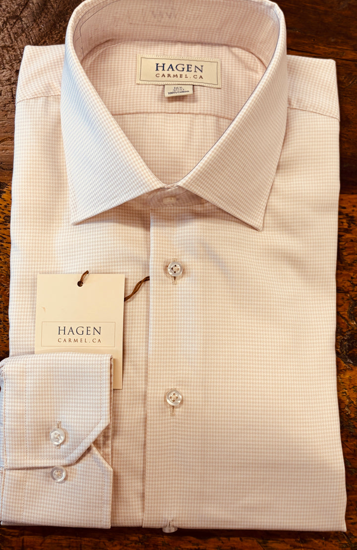 Hagen Carmel Ecru Puppytooth Dress Shirt - 100% Cotton, Modern Fit, Soft Spread Collar