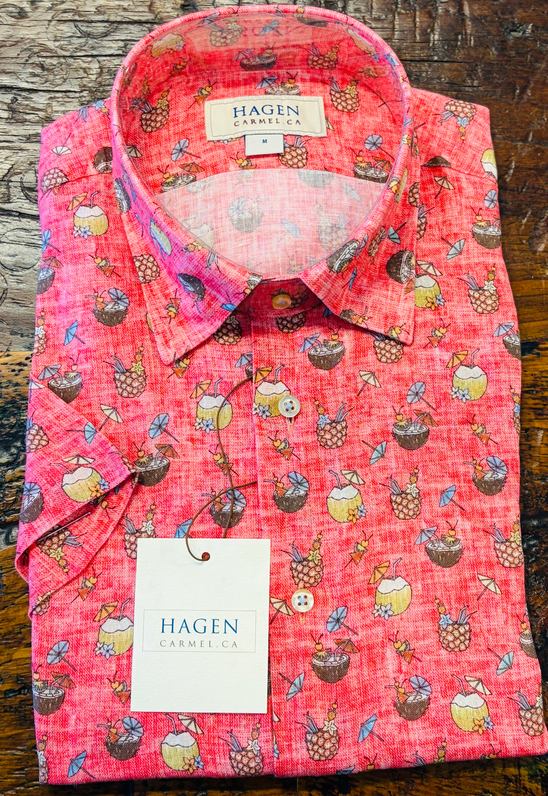 Hagen Carmel Island Cocktail Print Short Sleeve Shirt - Red Punch Base, 100% Cotton, Modern Fit