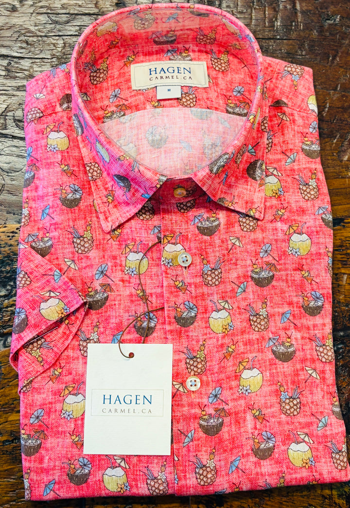 Hagen Carmel Island Cocktail Print Short Sleeve Shirt - Red Punch Base, 100% Cotton, Modern Fit