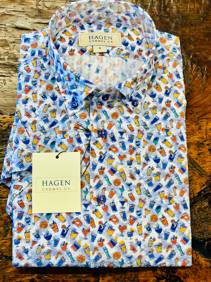 Hagen Carmel Happy Hour Cocktail Print Short Sleeve Shirt - Crinkled Cotton, Modern Fit
