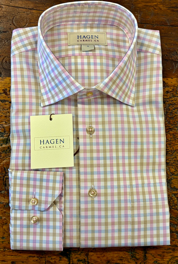 Hagen Carmel Summer Check Sport Shirt - Pink & Tan, 100% Cotton, Modern Fit