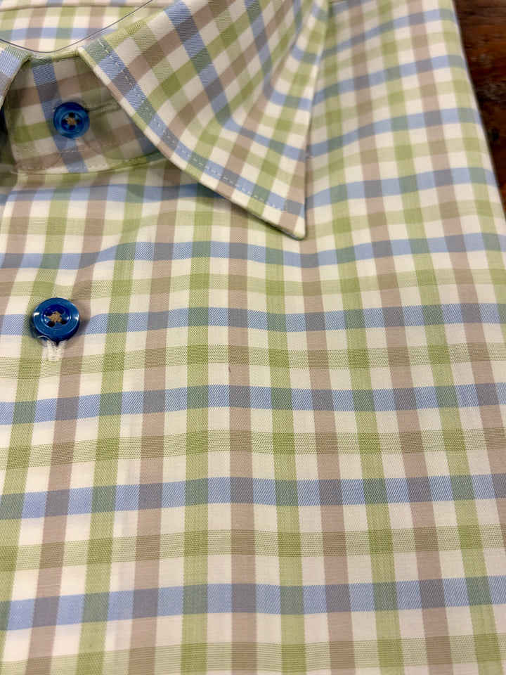 Hagen Carmel Summer Check Sport Shirt - White Lime Beige, 100% Cotton, Modern Fit
