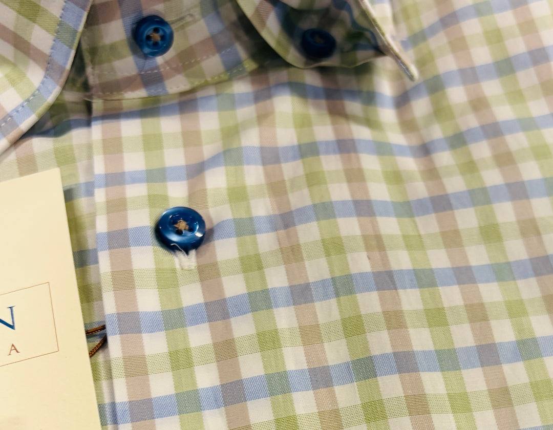 Hagen Carmel Summer Check Sport Shirt - White Lime Beige, 100% Cotton, Modern Fit