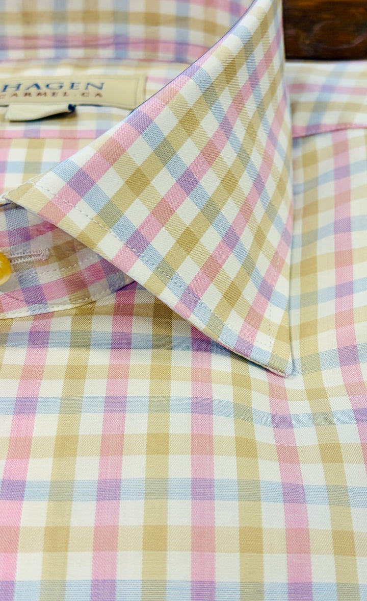 Hagen Carmel Summer Check Sport Shirt - Pink & Tan, 100% Cotton, Modern Fit