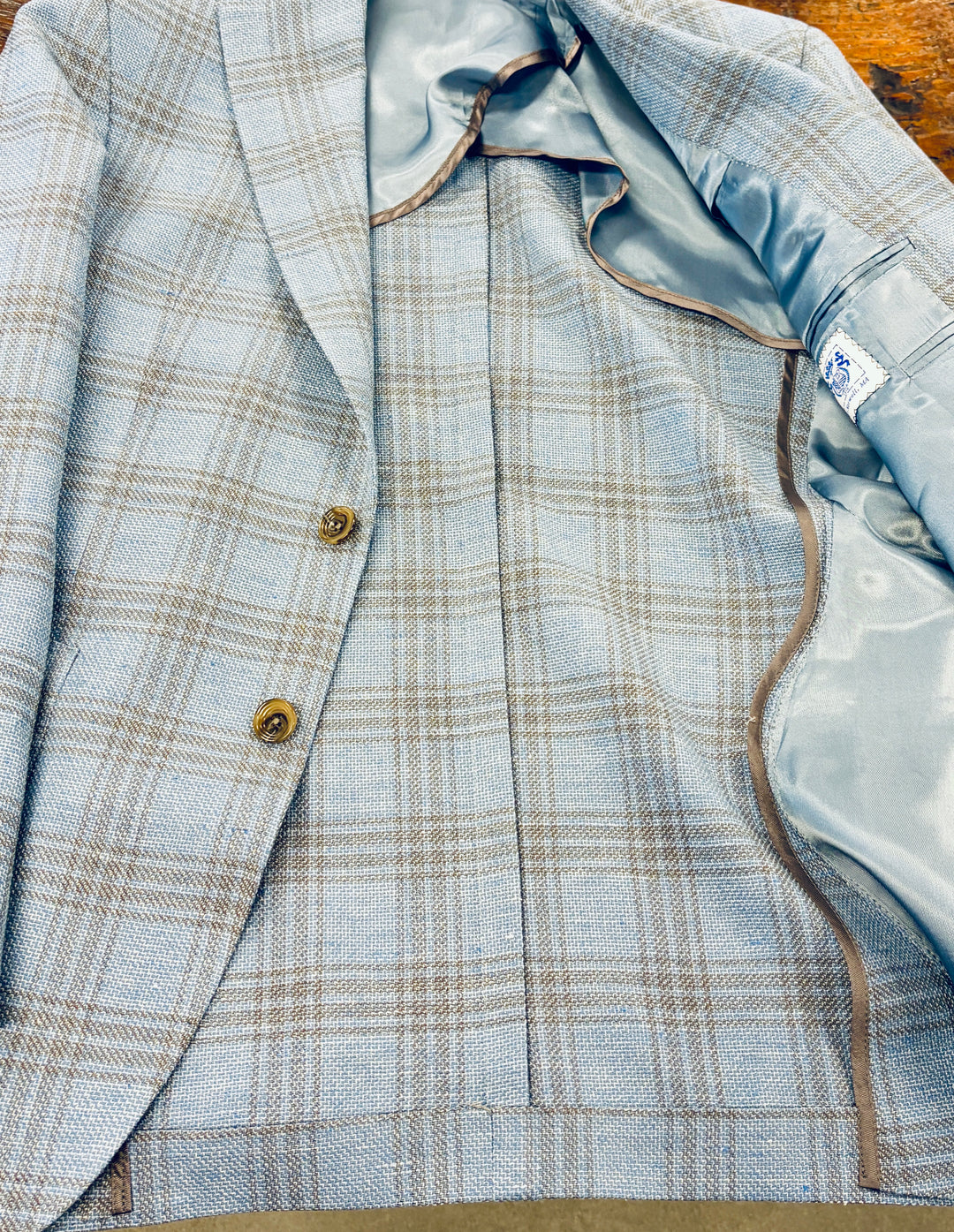 Jack Victor Hampton Knit Sport Jacket - Light Blue Brown Plaid Wool Blend