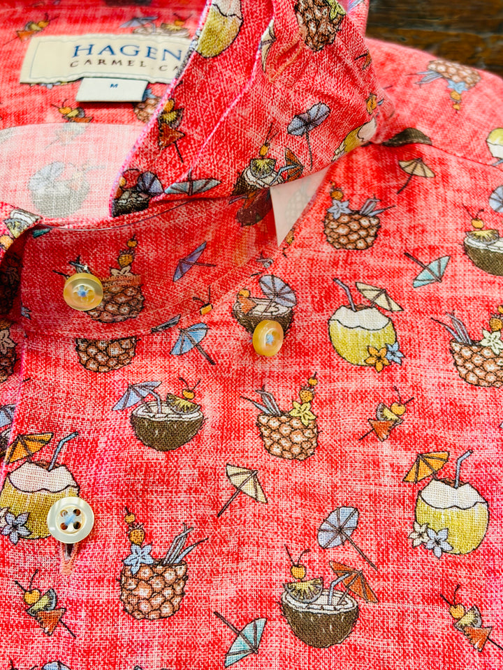 Hagen Carmel Island Cocktail Print Short Sleeve Shirt - Red Punch Base, 100% Cotton, Modern Fit
